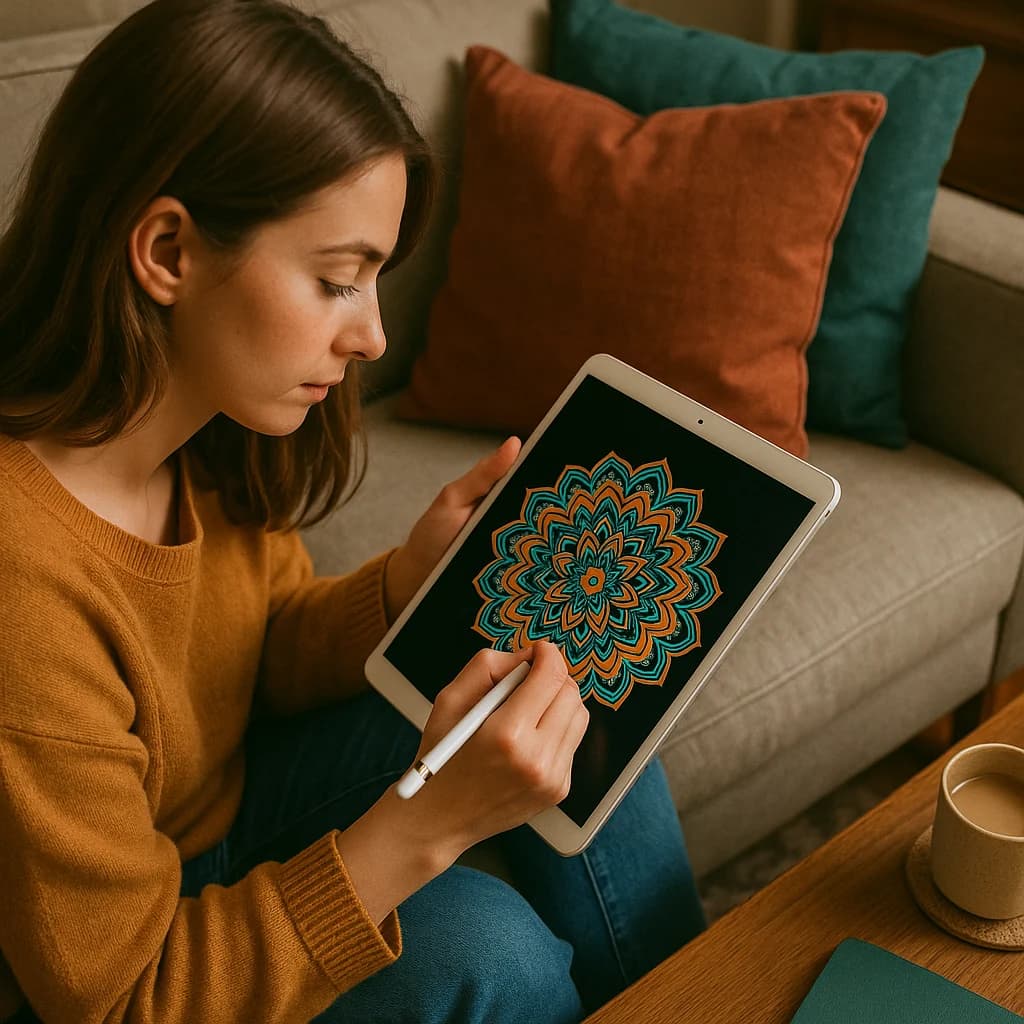 Woman drawing a mandala on an iPad
